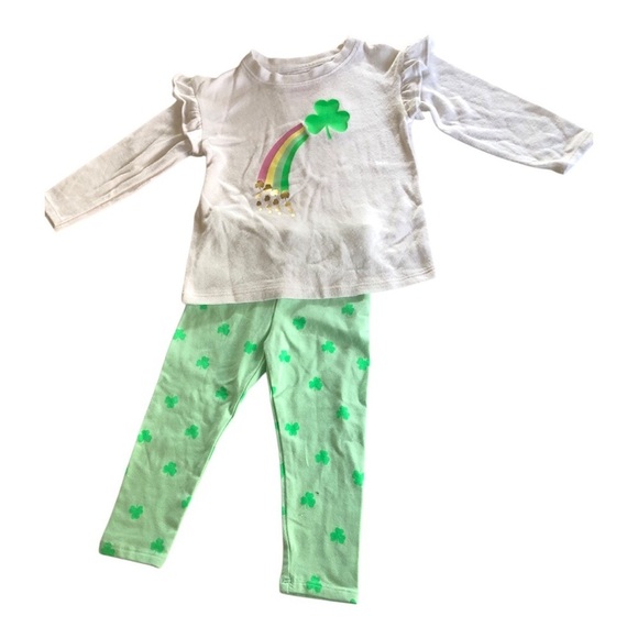 Cat & Jack Baby Girl Shamrock Rainbow Ruffle Long sleeves Pants Two Pc Set 12M - Picture 2 of 10